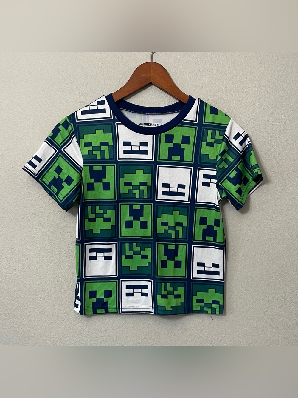 Minecraft Boys Size 8 Creeper Short Sleeve Pajama Top Green Blue